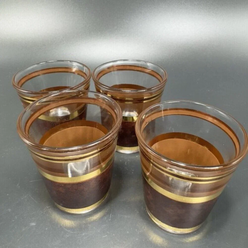Culver Faux Tortoise Banded Shoot Glasses Set 4 Brown Barware Cups Glasses‎ VTG